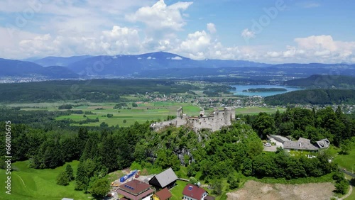 Drohnenflug über die Burgarena Finkenstein in Nähe des Faaker Sees bei Villach in Kärnten photo