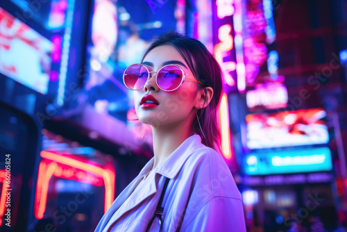 Glowing Asian Influencer in Glasses at Night