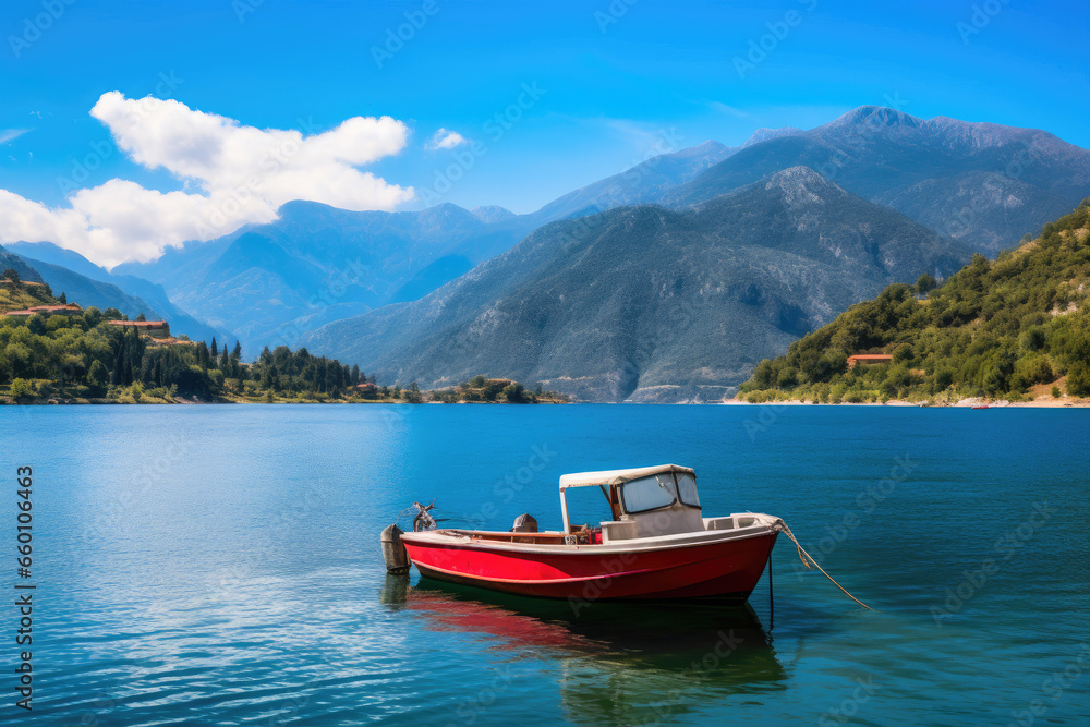 Tranquil Waters: Boat Amidst Majestic Mountains