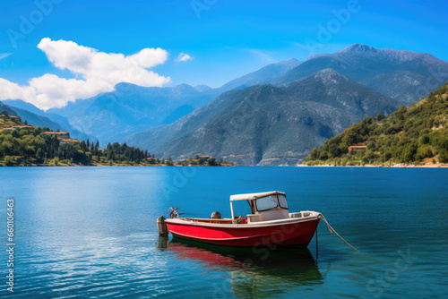 Tranquil Waters: Boat Amidst Majestic Mountains