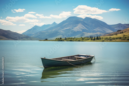 Boating Bliss: Sun-Kissed Lake and Mountain Scenery