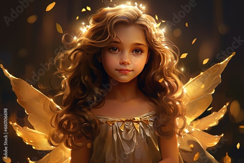 illustration of young angel girl with glitter glow light, Generative Ai
