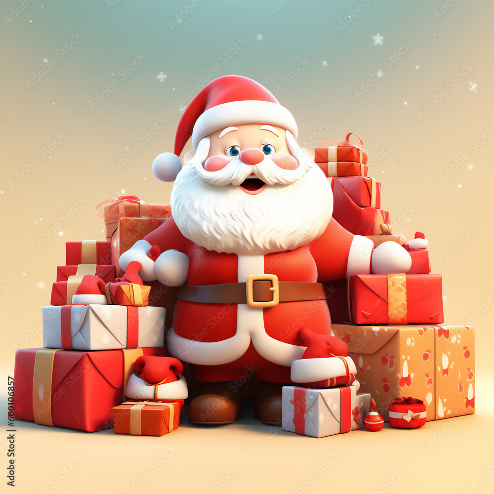 Cute adorable happy santa claus character smiling with the Christmas gifts and treats. Generative AI Cute adorable happy santa claus character smiling with the Christmas gifts and treats. Generative AI