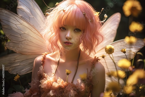close up portrait of cute girl wearing fairy dress in flower blossom grass field, Generative Ai	

