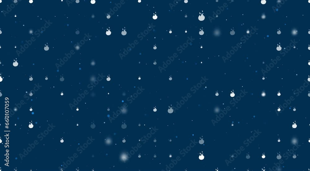 Template animation of evenly spaced fire symbols of different sizes and opacity. Animation of transparency and size. Seamless looped 4k animation on dark blue background with stars Template animation of evenly spaced fire symbols of different sizes and opacity. Animation of transparency and size. Seamless looped 4k animation on dark blue background with stars