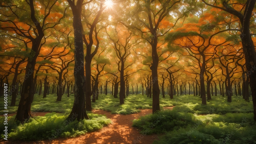 Sunlit Forest with Orange Leaves