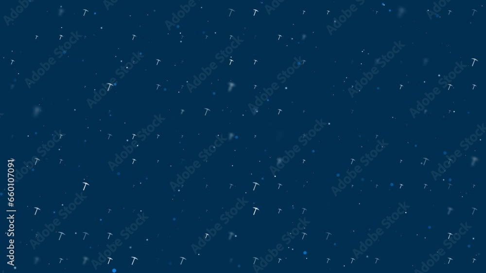 Template animation of evenly spaced pickaxe symbols of different sizes and opacity. Animation of transparency and size. Seamless looped 4k animation on dark blue background with stars Template animation of evenly spaced pickaxe symbols of different sizes and opacity. Animation of transparency and size. Seamless looped 4k animation on dark blue background with stars