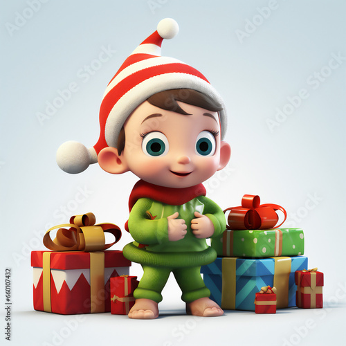 Cute adorable happy santa claus elf baby character smiling with the Christmas gifts and treats. Generative AI