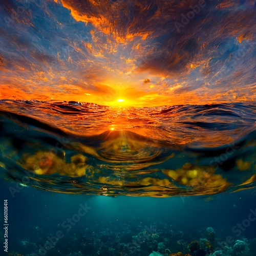 low angle under water stunning orange and yellow ocean sunset bright violet and teal clouds stunning lighting landscape shot of stunning sunset far shot beautiful stunning beautiful perfect 