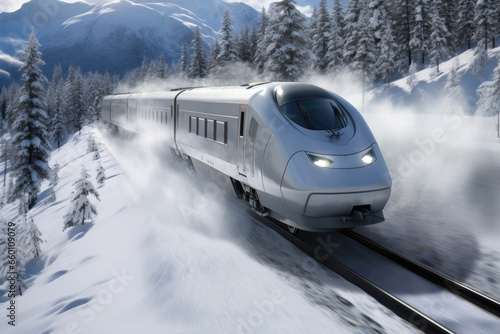 Glacial Journey: Aluminum Train Soaring on Snowy Rails