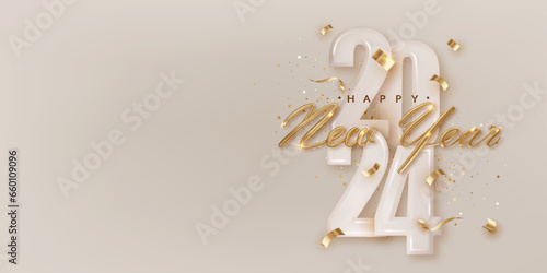 2024 Happy New Year festive card template. Greeting Christmas horizontal banner design with congratulations. Realistic golden metal lettering with confetti.