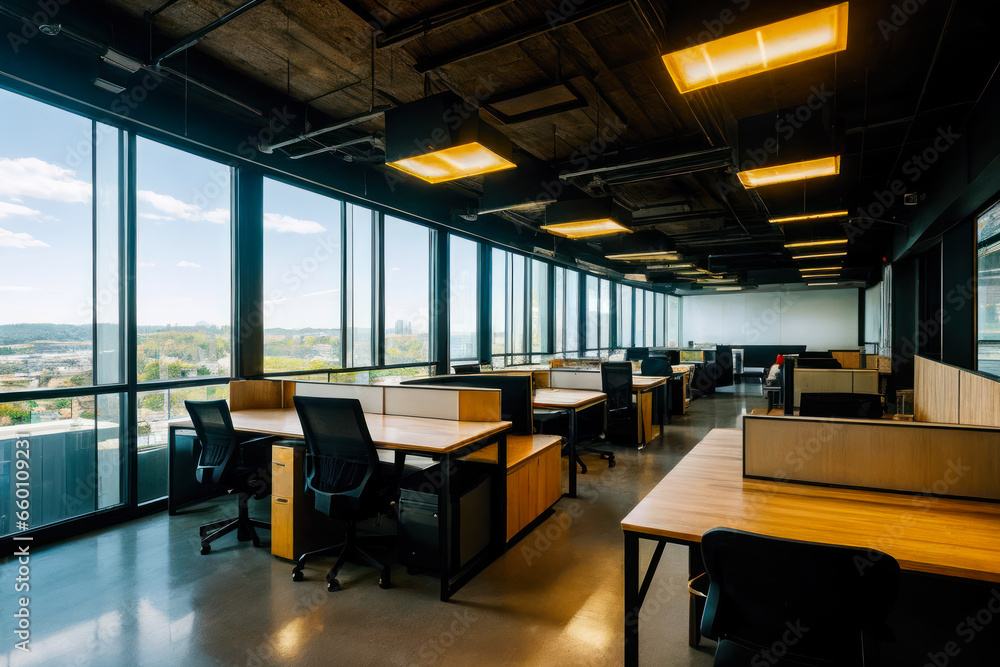 Modern interior design of a coworking space with shared desk. Concept of the best coworker space Modern interior design of a coworking space with shared desk. Concept of the best coworker space
