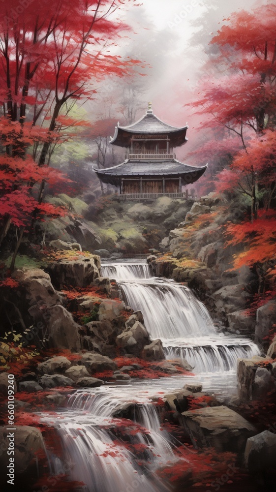 Japanese ink painting oriental landscape autumn Ai generated art