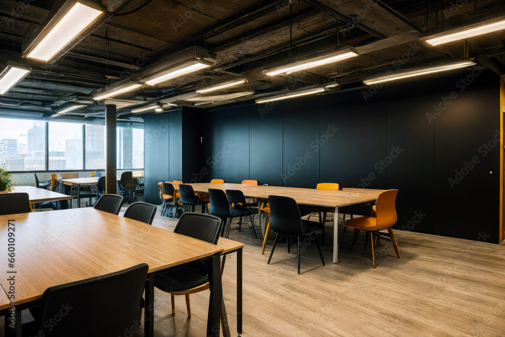 Modern interior design of a coworking space with shared desk. Concept of the best coworker space Modern interior design of a coworking space with shared desk. Concept of the best coworker space
