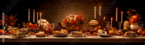 Festive Thanksgiving dinner with turkey on a dark background. Generative AI.