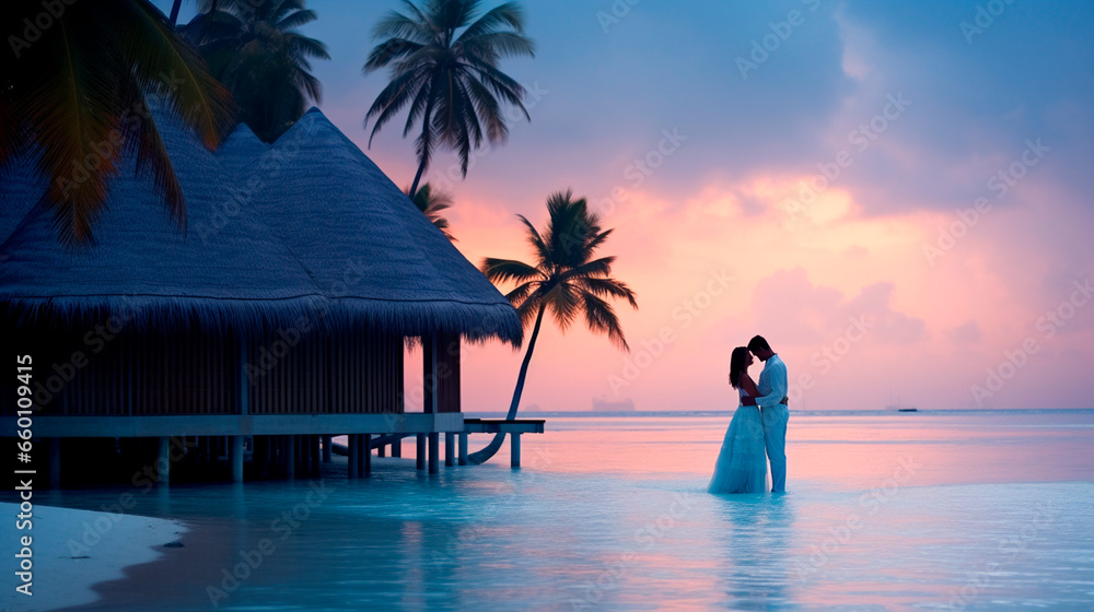 Lovers in the Maldives couple. Generative AI. - obrazy, fototapety, plakaty 