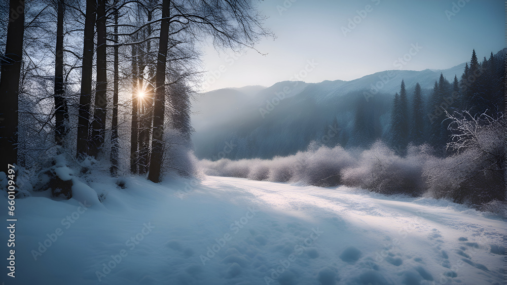 Winter landscape with snow covered trees in the Carpathian mountains.