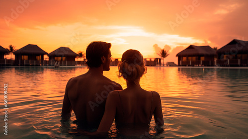 Lovers in the Maldives couple. Generative AI.