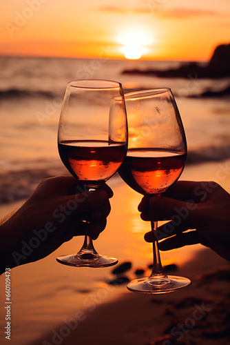 Lovers with glasses of wine on the beach. Generative AI.