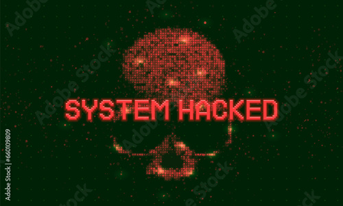 Hacked system or cyber attack. Digital skull constructed with programming code. Vector illustration.