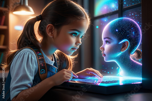 A young girl interacting with a holographic AI tutor