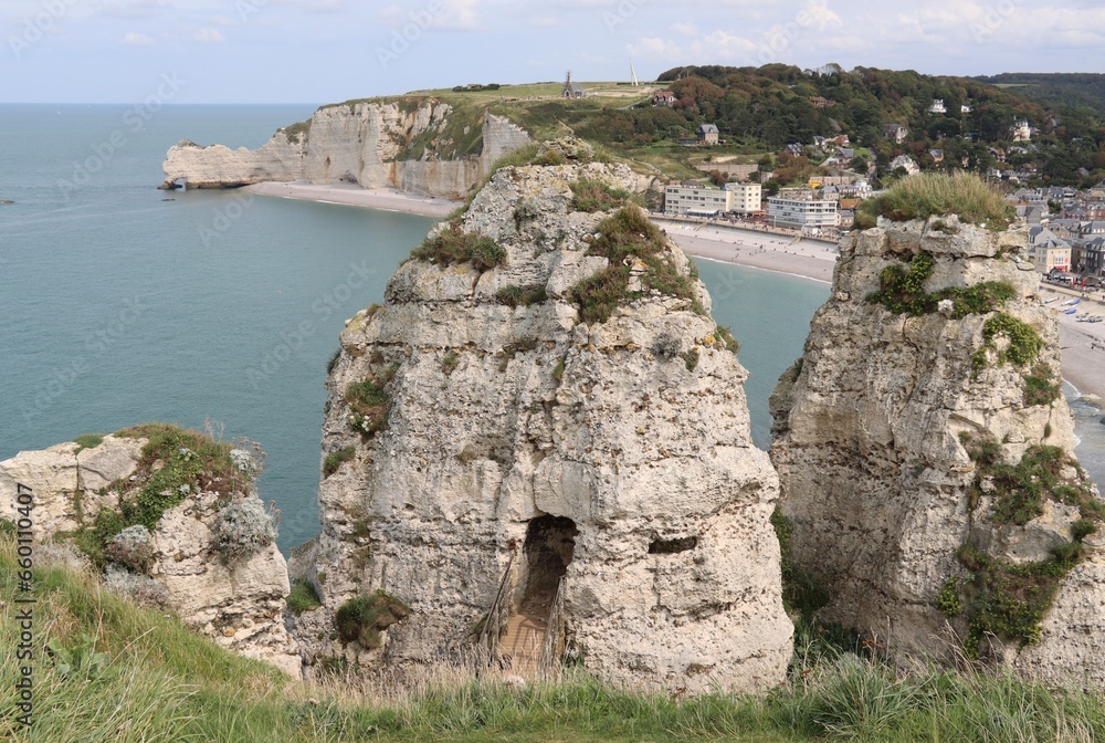 view of the chalk cliffs in Etretat, France view of the chalk cliffs in Etretat, France