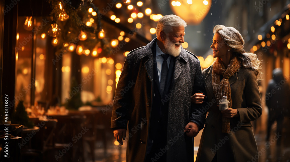 Senior style couple walk on a street