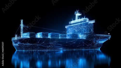 Polygonal 3d cargo ship in dark blue background. Online cargo delivery service, logistics or tracking app concept. Abstract vector illustration of online freight delivery service.