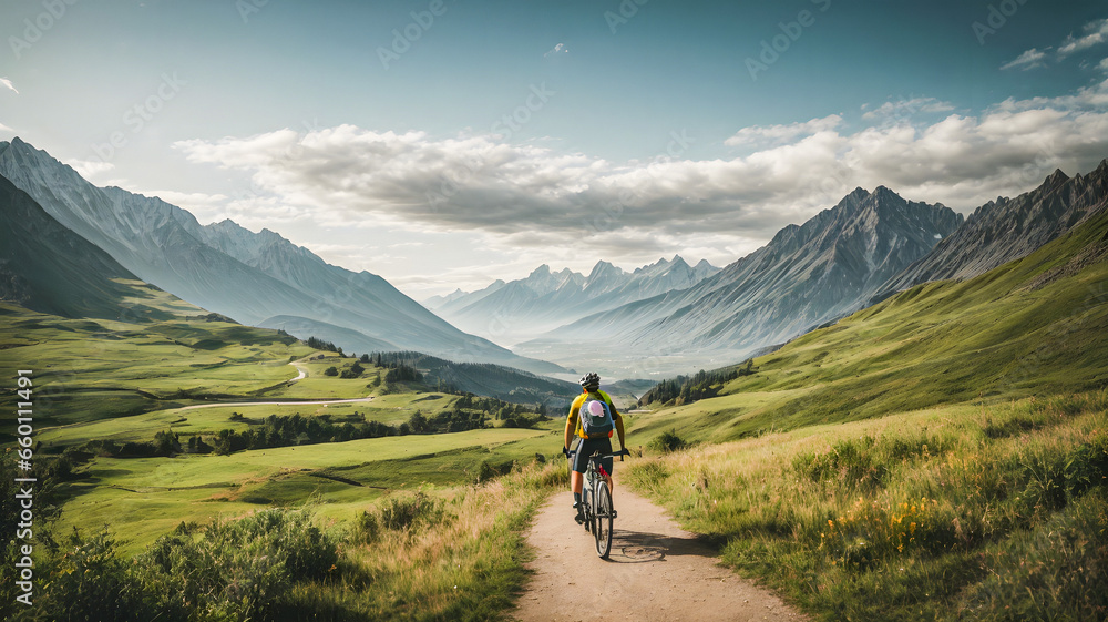 hiker riding in the mountains