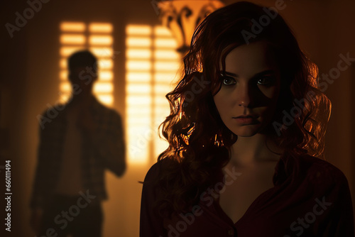 Young woman and man silhouette indoors