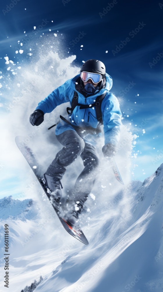 Snowboard ski
 on a snowy mountain, clear blue sky. Winter sports.