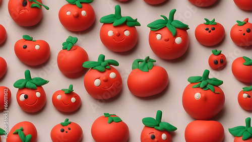 Creative food pattern made of tomatoes with funny faces on white background. 3d render illustration © Waqar