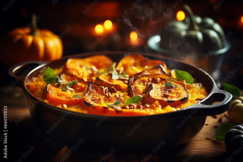 Baked pumpkin dish in the pan, atmospheric photo