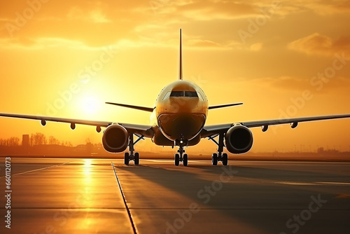 Airplane on the runway at sunset. Travel concept. © Ksenia Belyaeva