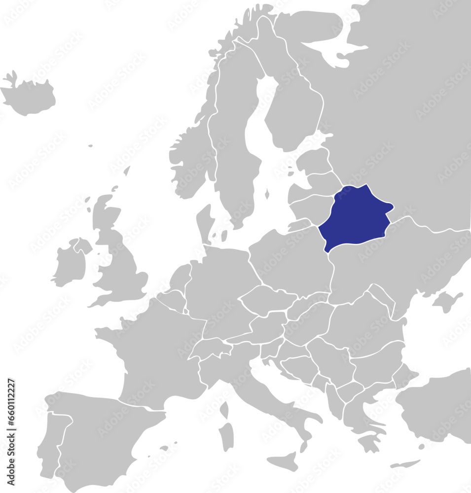 Blue CMYK national map of BELARUS inside simplified gray blank political map of European continent on transparent background using Mercator projection