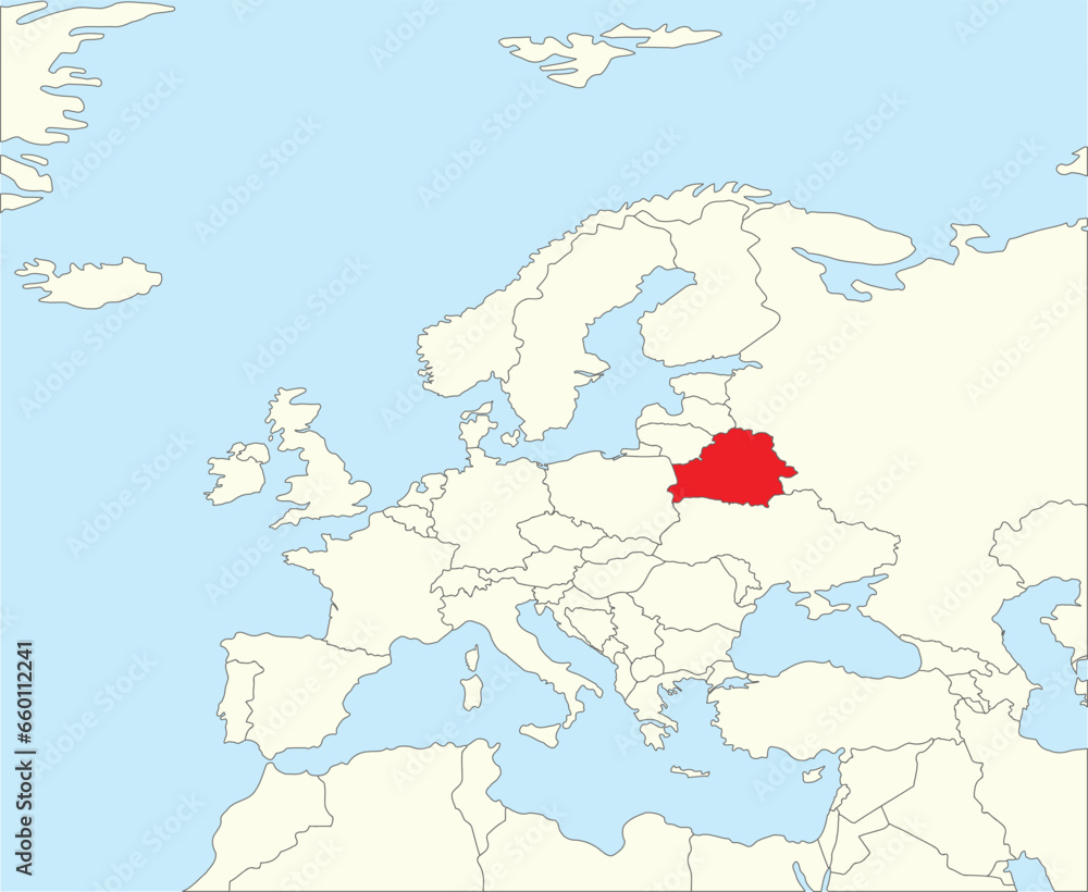 Red CMYK national map of BELARUS inside simplified beige blank political map of European continent on blue background using Winkel Tripel projection