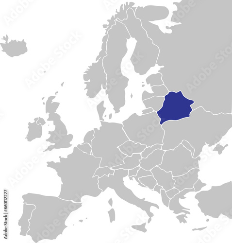 Blue CMYK national map of BELARUS inside simplified gray blank political map of European continent on transparent background using Mercator projection