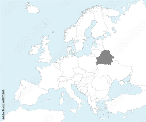 Gray CMYK national map of BELARUS inside detailed white blank political map of European continent on blue background using Mollweide projection © Sanja