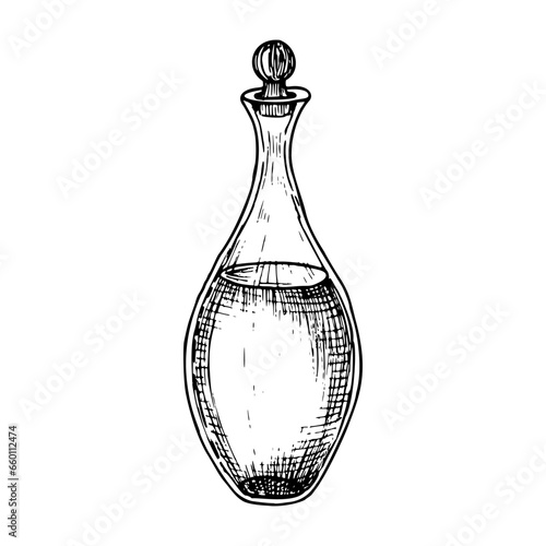 Glass Decanter. Hand drawn vector illustration of transparent Carafe on isolated background for essential or olive Oil. Drawing of bottle or flacon in black and white colors. Line art sketch.