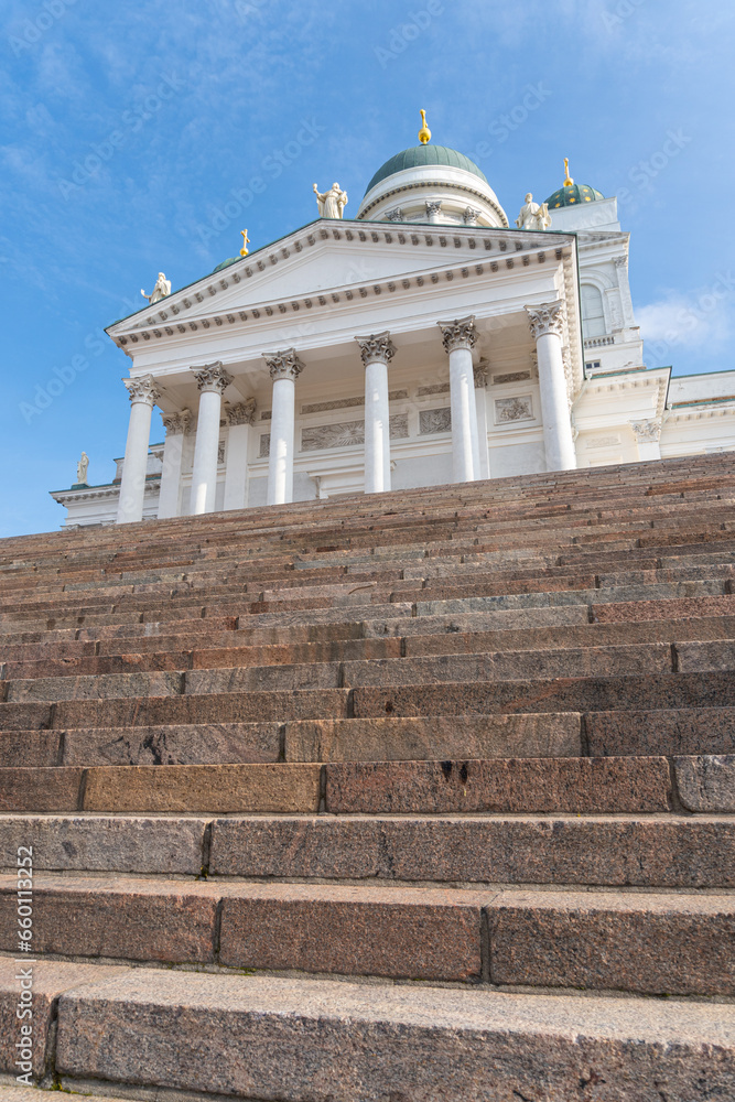 Obraz premium Helsinki Cathedral seen from below its long stairs. Sunny day.