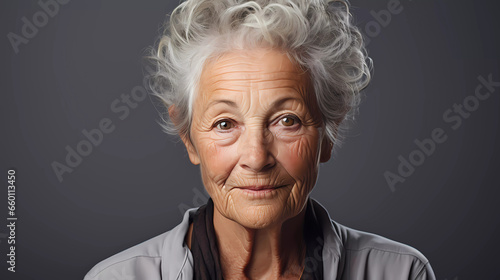 Close-up portrait photography of an aged woman beautifully smiling and wearing classy button-up shirt. With generative AI technology