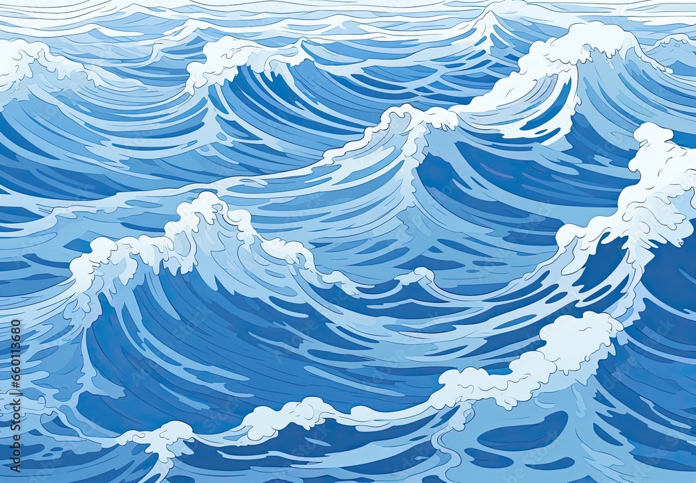 Blue abstract ocean seascape. Surface of the sea. Water waves in watercolor style. Nature background. Illustration for cover, card, postcard, interior design, decor or print. Blue abstract ocean seascape. Surface of the sea. Water waves in watercolor style. Nature background. Illustration for cover, card, postcard, interior design, decor or print.
