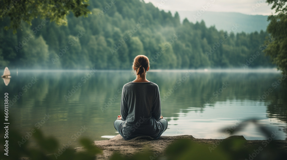 A tranquil lakeside scene with a spiritual guide facilitating a meditation retreat by the water, spiritual guide, mental health, blurred background - obrazy, fototapety, plakaty 