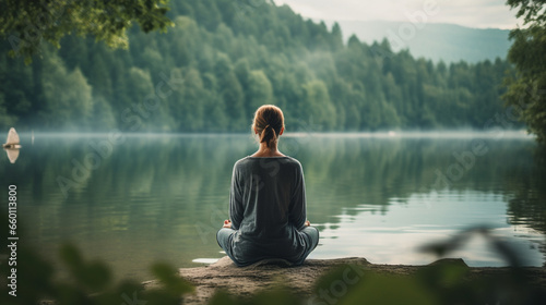 A tranquil lakeside scene with a spiritual guide facilitating a meditation retreat by the water, spiritual guide, mental health, blurred background