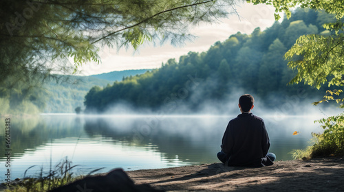 A tranquil lakeside scene with a spiritual guide facilitating a meditation retreat by the water, spiritual guide, mental health, blurred background