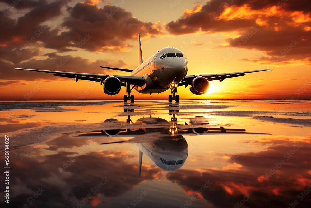 Airplane on the runway at sunset. Travel concept.