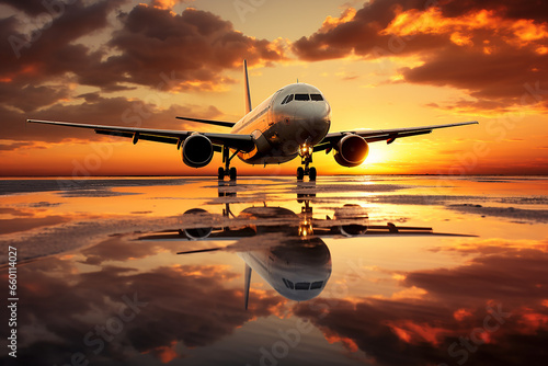 Airplane on the runway at sunset. Travel concept.