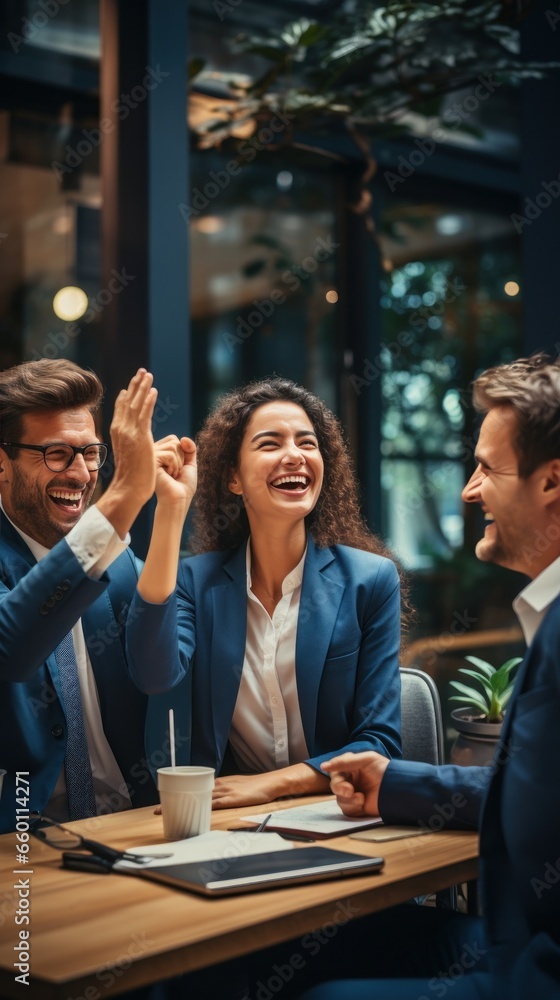 three members of a team are giving each other a high five