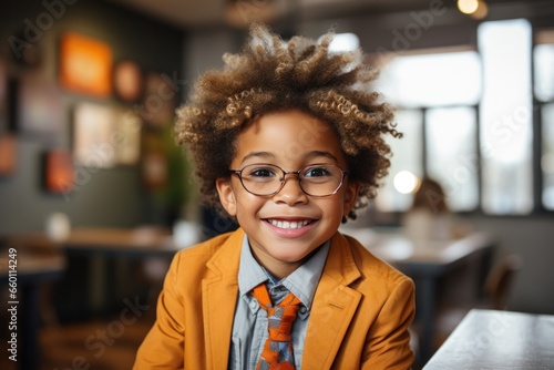 funny little boy in glasses in home