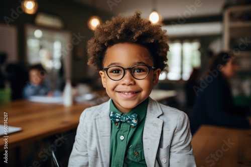 funny little boy in glasses in home